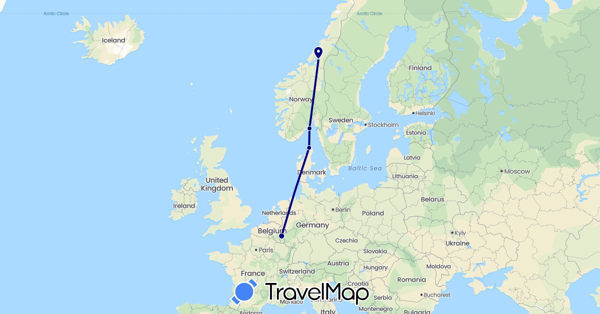 TravelMap itinerary: driving in Denmark, Luxembourg, Norway (Europe)